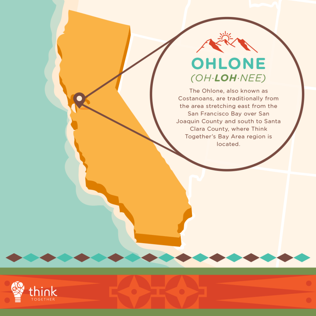 Ohlone (Oh·loh·nee) 

The Ohlone, also known as Costanoans, are traditionally from the area stretching east from the San Francisco Bay over San Joaquin County and south to Santa Clara County, where Think Together’s Bay Area region is located.  