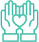 Teal icon of two hands holding a heart, symbolizing care and community.